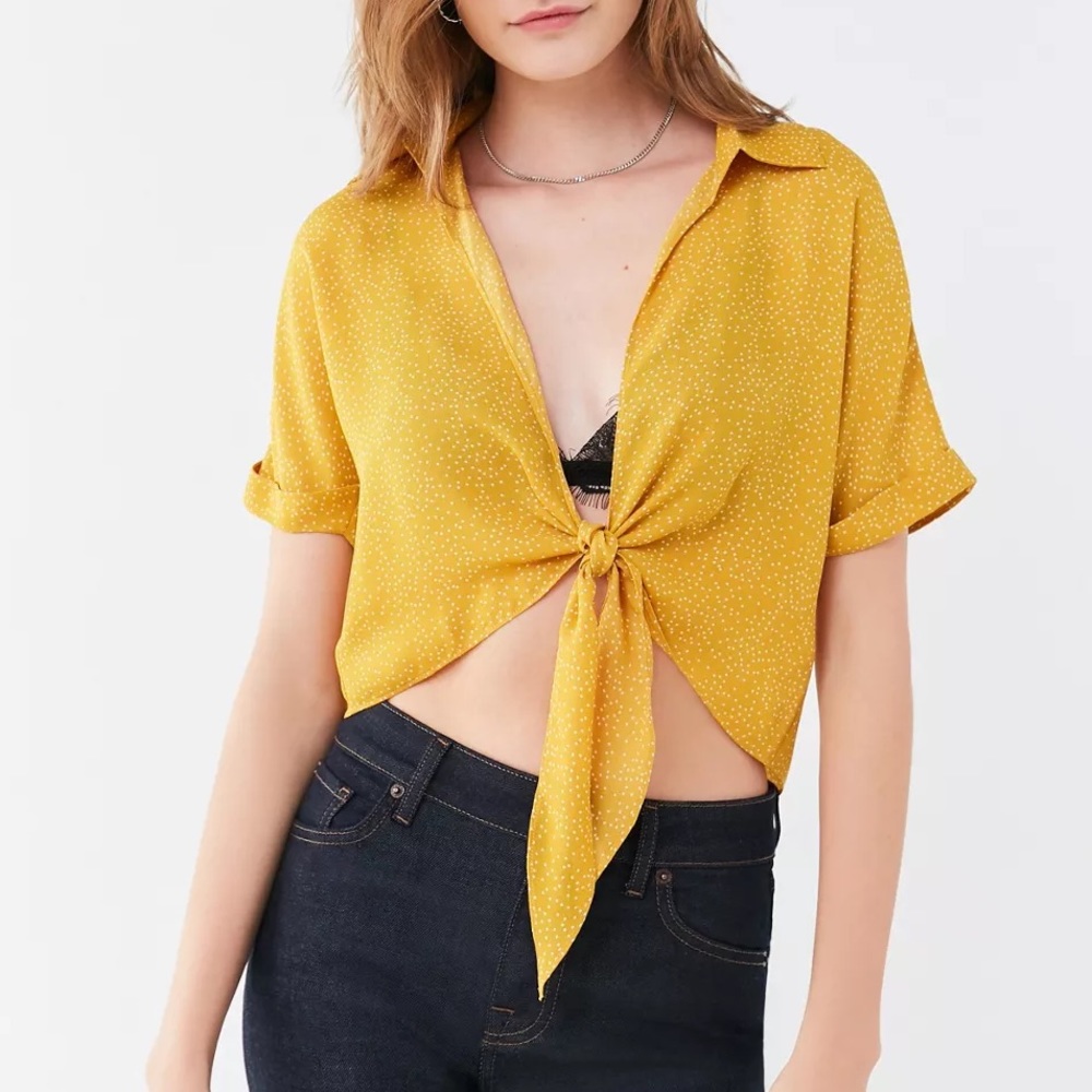 Urban Outfitters Polka Dot Mustard Tie-Front Top